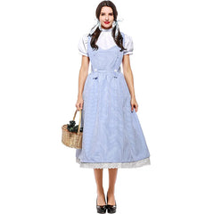 “Wizard of Oz Dorothy-inspired cosplay dress with basket accessory”