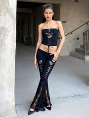 Heart Hollow Out Strapless Tops And Flare Pants Mesh Set