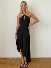 Halter strap frill hem midi dress back view