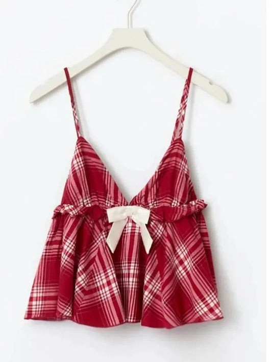 Red Plaid Bow Babydoll Top And Pants Two-piece Set