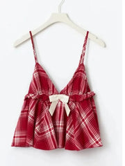Red Plaid Bow Babydoll Top And Pants Two-piece Set
