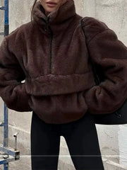Faux Fur  Stand Collar Zip Long Sleeve Sweatshirt