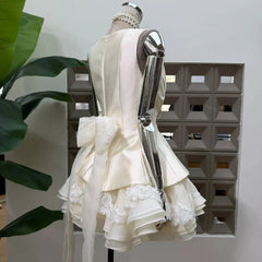White Satin Square Collar Detachable Lace Bow Frill Hem Mini Dress