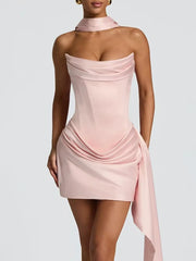 Satin Strapless Corset Tie Up Drape Mini Dress