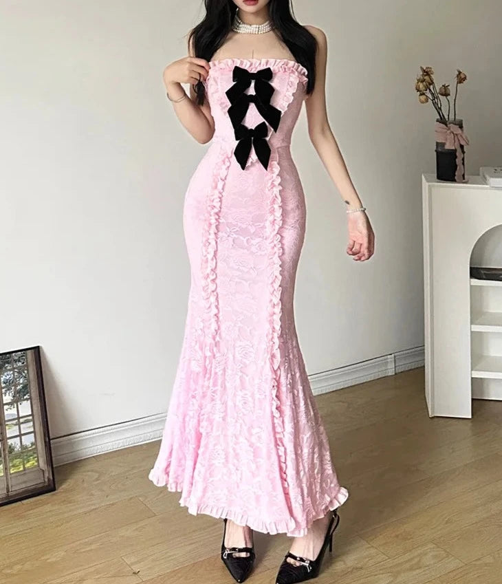 Pink Strapless Rose Lace Bow Maxi Dress - Free From Label