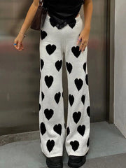 White Heart Pattern Knit High Waist Pants