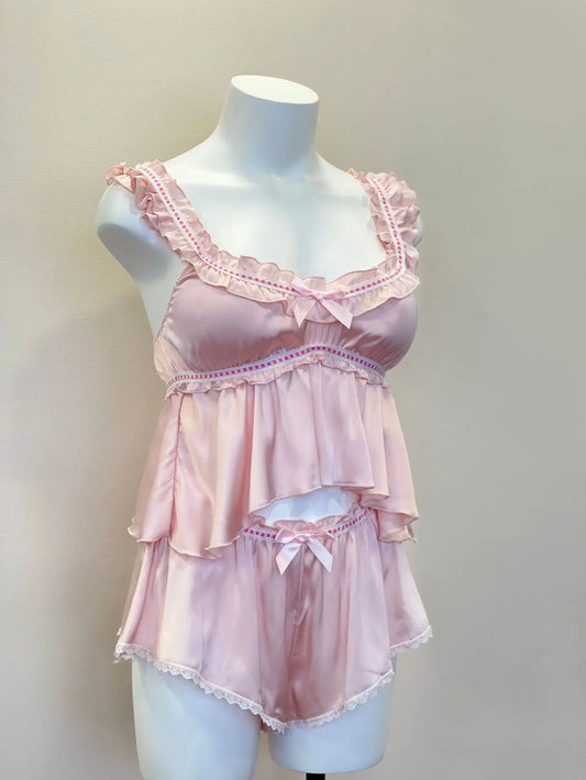 Satin Ruffle Strap Babydoll Top And Shorts Sleepwear Set