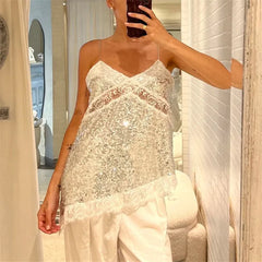 Sequin Lace Spaghetti Strap Asymmetrical Hem Top