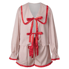 Christmas Peter Pan Collar Front Tie Long Sleeve Top And Shorts Striped Plaid Pajama Set