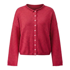 Striped  Crew Neck Open Front Button Down Cardigan