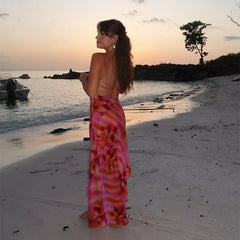 Flower Printed Strap Beach Maxi Dress