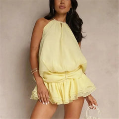 Pearl Halter Neck Open Back Frill Mini Dress