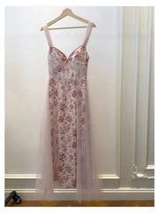 Pink Floral Off-the-Shoulder Mesh Drape Midi Dress
