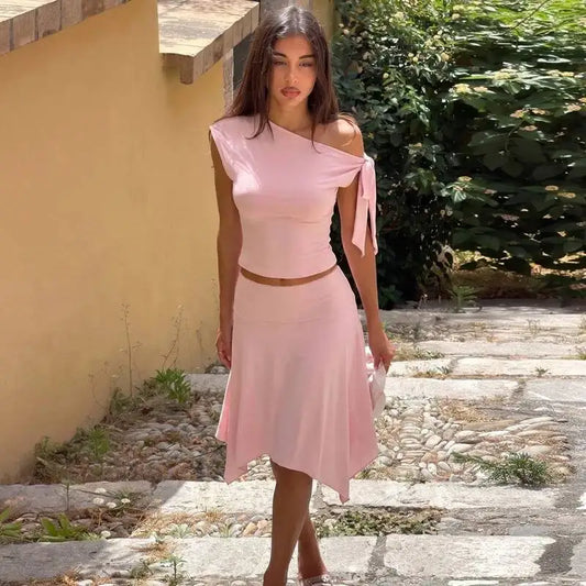 Off-Shoulder Tie Crop Top And Midi Skirt Set