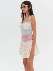 Floral Printed Patchwork Ruched Tie Up Strap Mini Dress