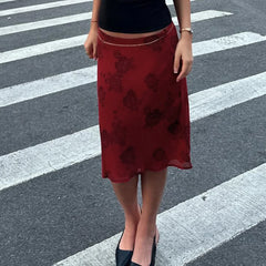 Red Floral Print Low Waist Double Layer Mesh Midi Skirt