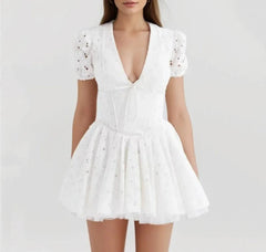 White Doily Embroidery V-Neck Short Sleeve Mini Dress