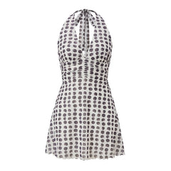 Polka Dot Mesh Halter Tie Up V-Neck Mini Dress