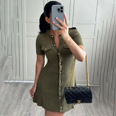 Green Metal Button Knitted Short Sleeve Mini Dress