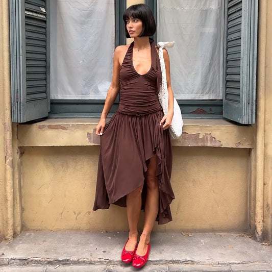 Brown Ruched Halter Midi Dress