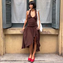 Brown Ruched Halter Midi Dress