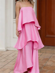 Pink Spaghetti Strap Layered Tiered Long Dress