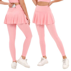 Two views of a person wearing a pink outfit with a skirt and leggings- back pocket detailing