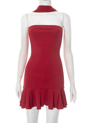 Strapless Solid Scarf Collar Ruffle Mini Dress