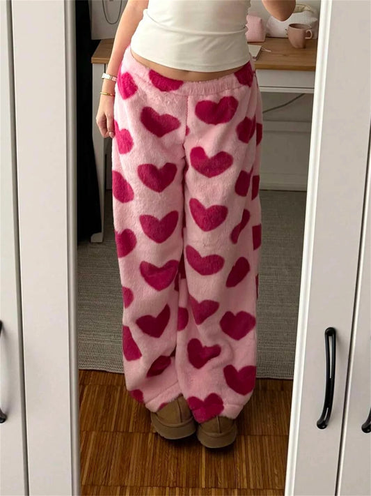 Pink Heart-Print Plush Sweatpants