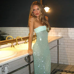 Sequin Strapless Long Dress With Scarf