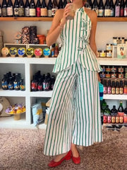 Stripe Lace Up Vest Top And Trouser Set