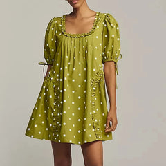 Bow Tied Short Puff Sleeve Square Neck Floral/Dot Loose A-line Mini Dress