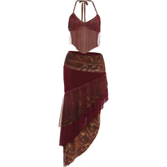 Burgendy Tassel Patchwork Halter Tank Top And Irregular Hem Midi Skirt Set