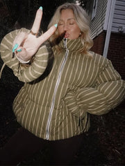 Stripe Stand Collar Zipper Parka Jacket