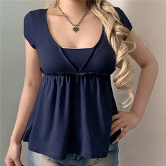 Blue Peplum Short Sleeve V-Neck Babydoll Top