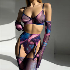 Mesh Printed Tie Dye Lingerie Set With Stocking Sleeve - Free From Label