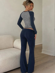 Blue Striped Long Sleeve Crop Top And Low Waist Flared Pants Set
