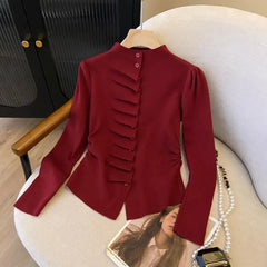 Long Sleeve Pleated Button Up Cardigan