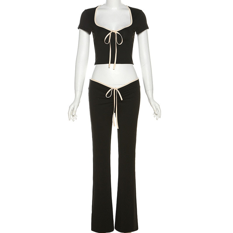 Black Ribbon Tie-Up Top And Pants Two Piece Set