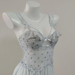 Dotted Bow Strappy Tulle Mesh Night Dress