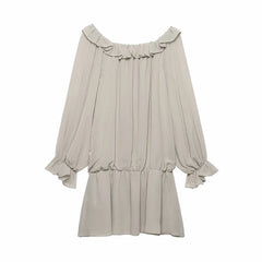 Grey Off Shoulder Ruffle Sequin  Drawstring Waist Mini Dress