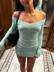 Blue Off-Shoulder Knit Long Sleeve Mini Dress