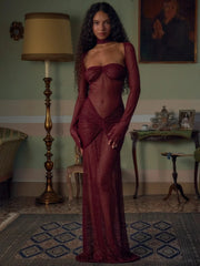 Red Sheer Long Sleeve Drape Maxi Dress