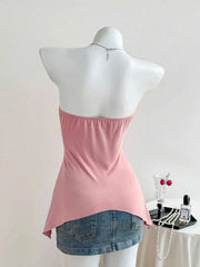 Pink Metal Ring Cutout Ruffle Strapless Top