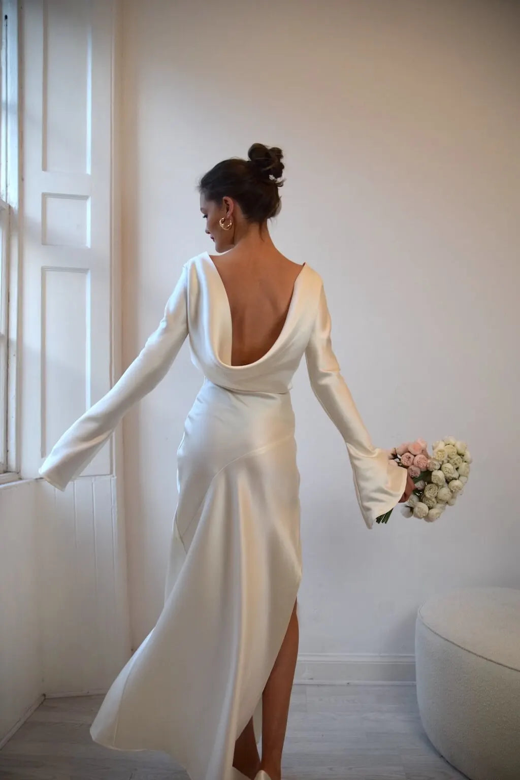 Long Sleeve Backless Slit Satin Maxi Dress - Free From Label