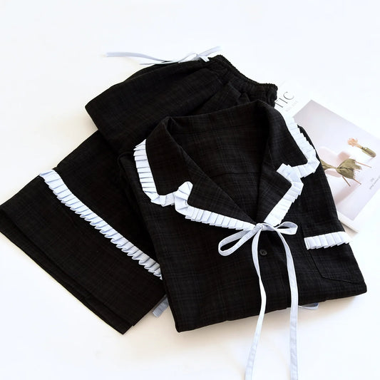 Contrast Seam Bow Long Sleeve Shirt And Wide Legs Pajama Set