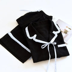 Contrast Seam Bow Long Sleeve Shirt And Wide Legs Pajama Set