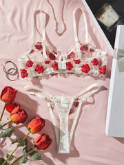 White Sheer Red Flower Embroidery Bra and Panties Lingerie Set