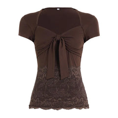 Brown V-neck Tie Up Patchwork Short Sleeve Top
