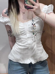 Ruffle Hem Short Sleeve Button Up Top